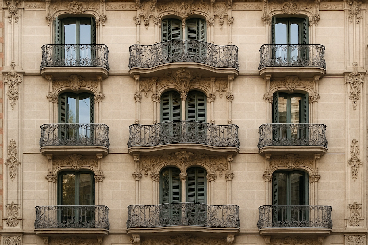Fachada de Barcelona con balcones de hierro y detalles ornamentales