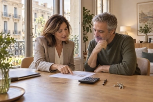 Asesora inmobiliaria y propietario revisando una propuesta de venta de un piso en Barcelona
