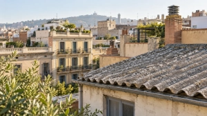 Cubierta ondulada y azoteas en un entorno residencial de Barcelona.