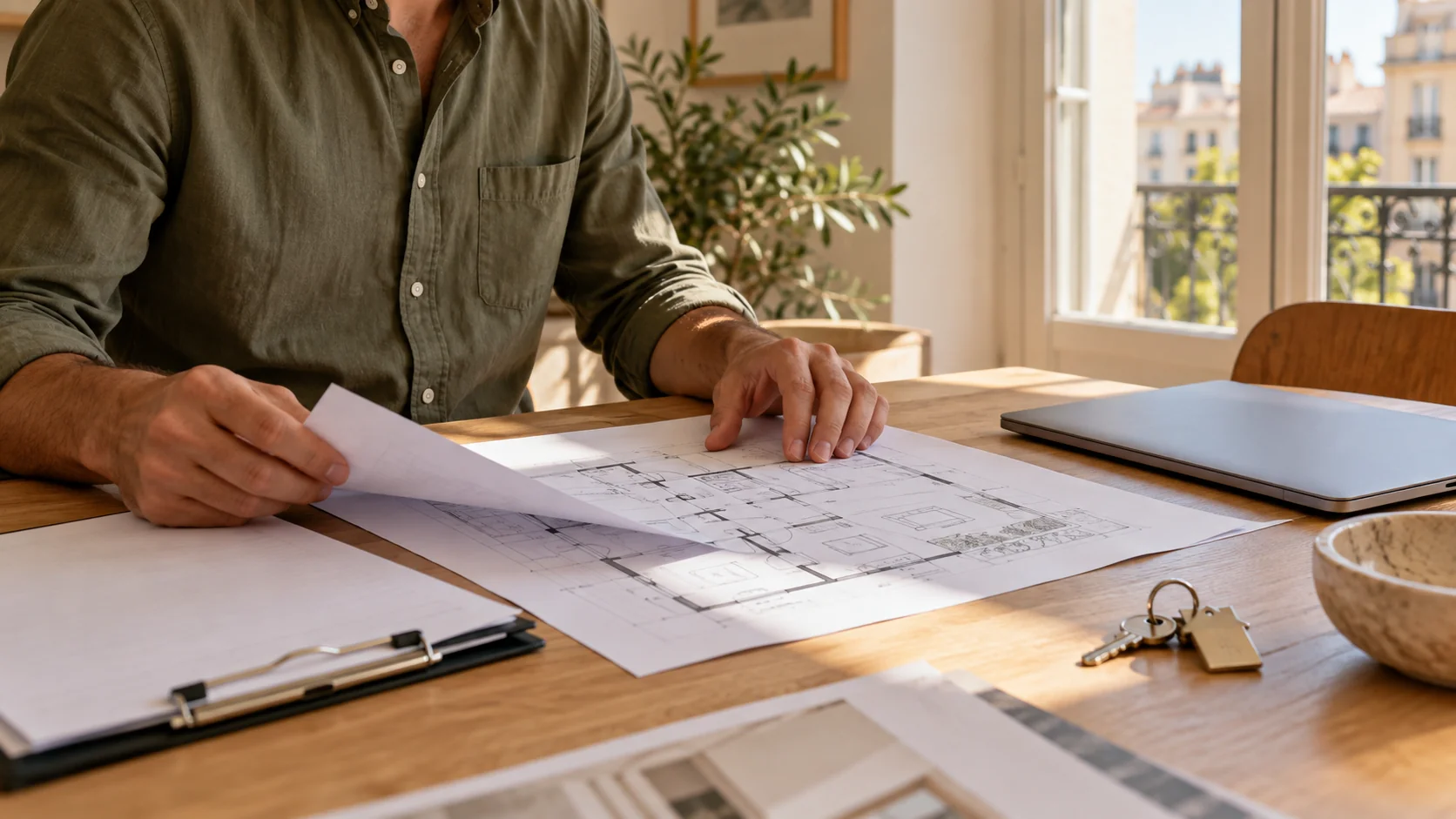 Profesional revisando los planos y la documentación de una vivienda.