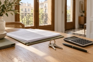 Llaves, documentos y calculadora sobre una mesa junto a un balcón de estilo Eixample.