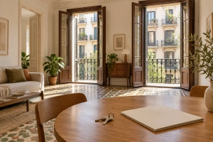 Salón de estilo Eixample con suelo hidráulico, balcones y llaves sobre una mesa.